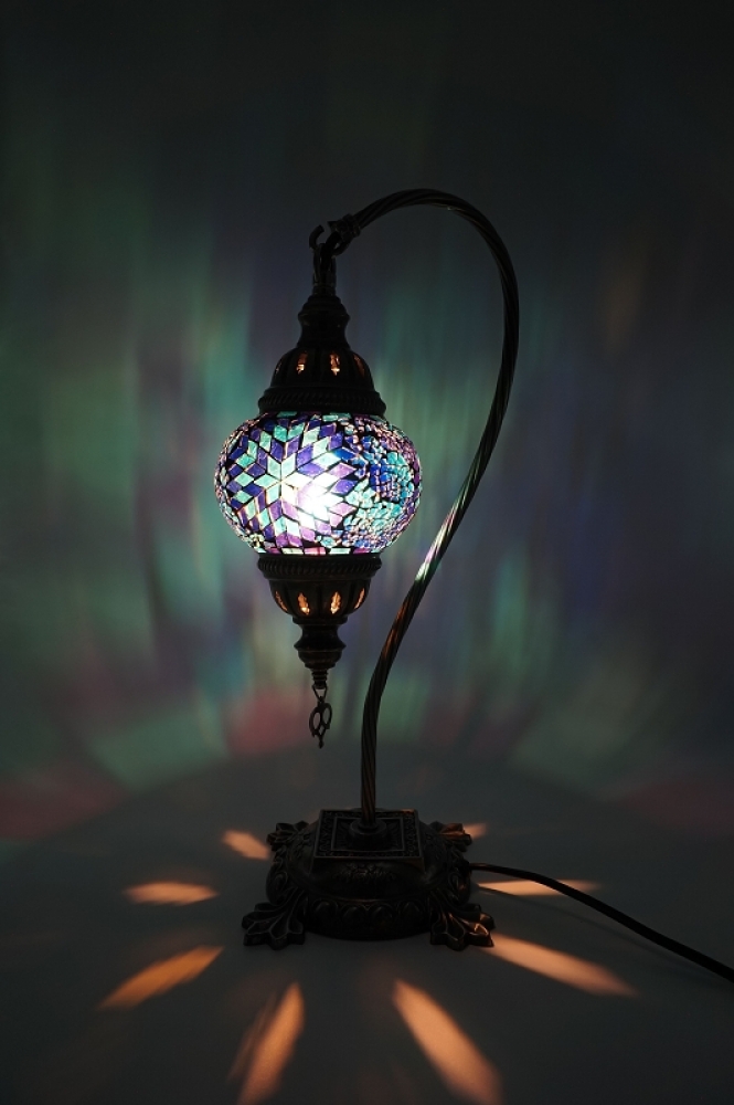 Mosaiklampe Schwanenhals, blau, Blumenmuster, mittelgroß